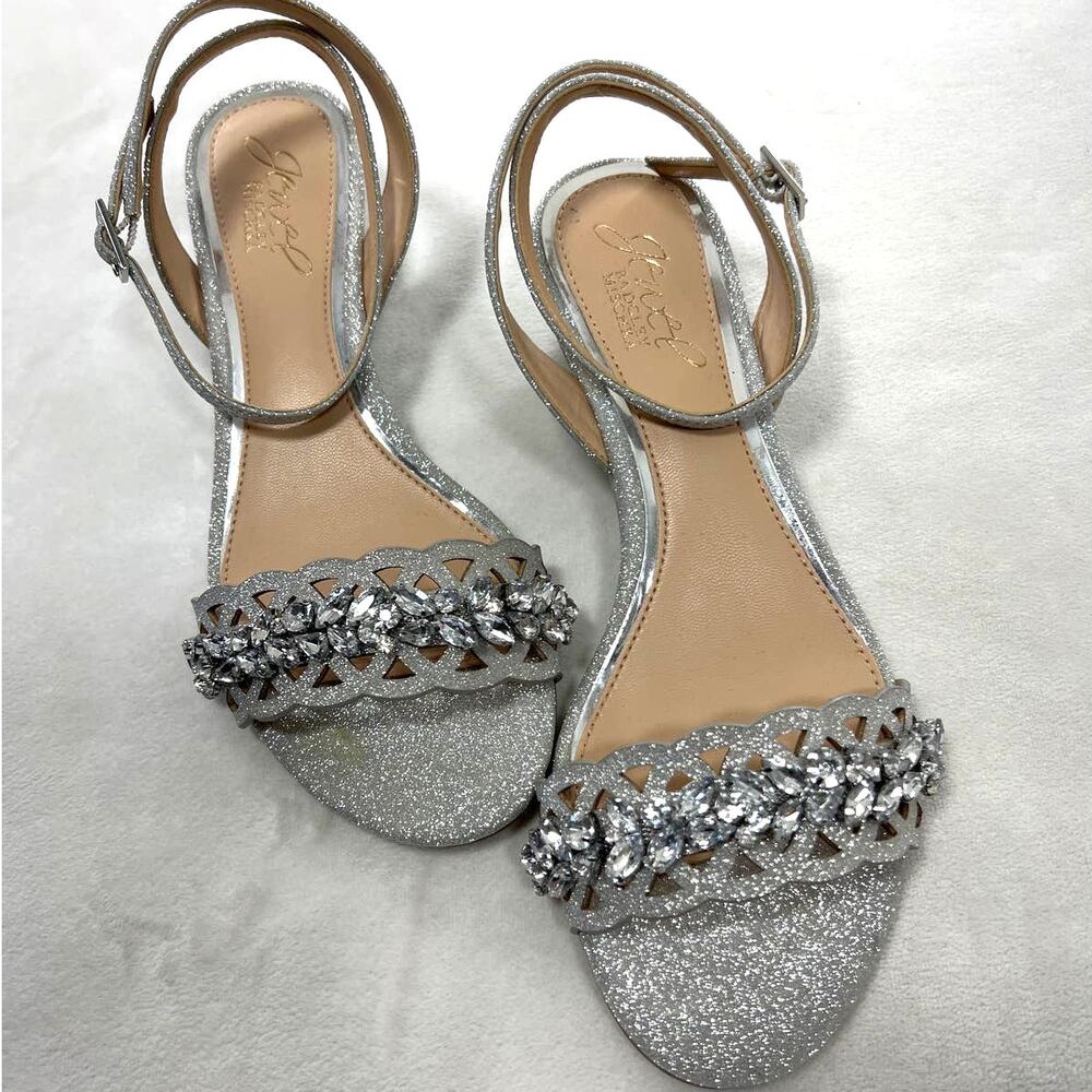 Jewel by Badgley Mischka Silver Rhinestone Wedge Shoe Sandals Size US 6